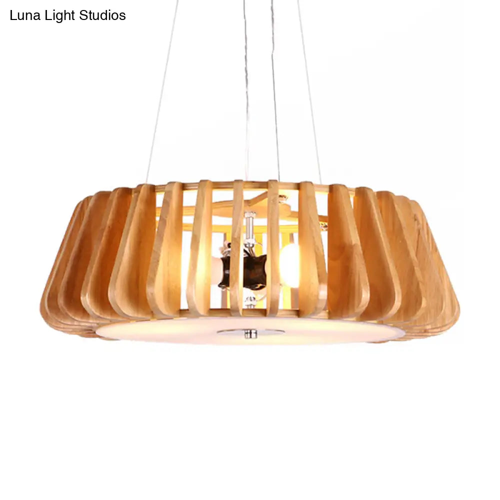 Triple Light Wooden Drum Chandelier For Modern Restaurant Decor