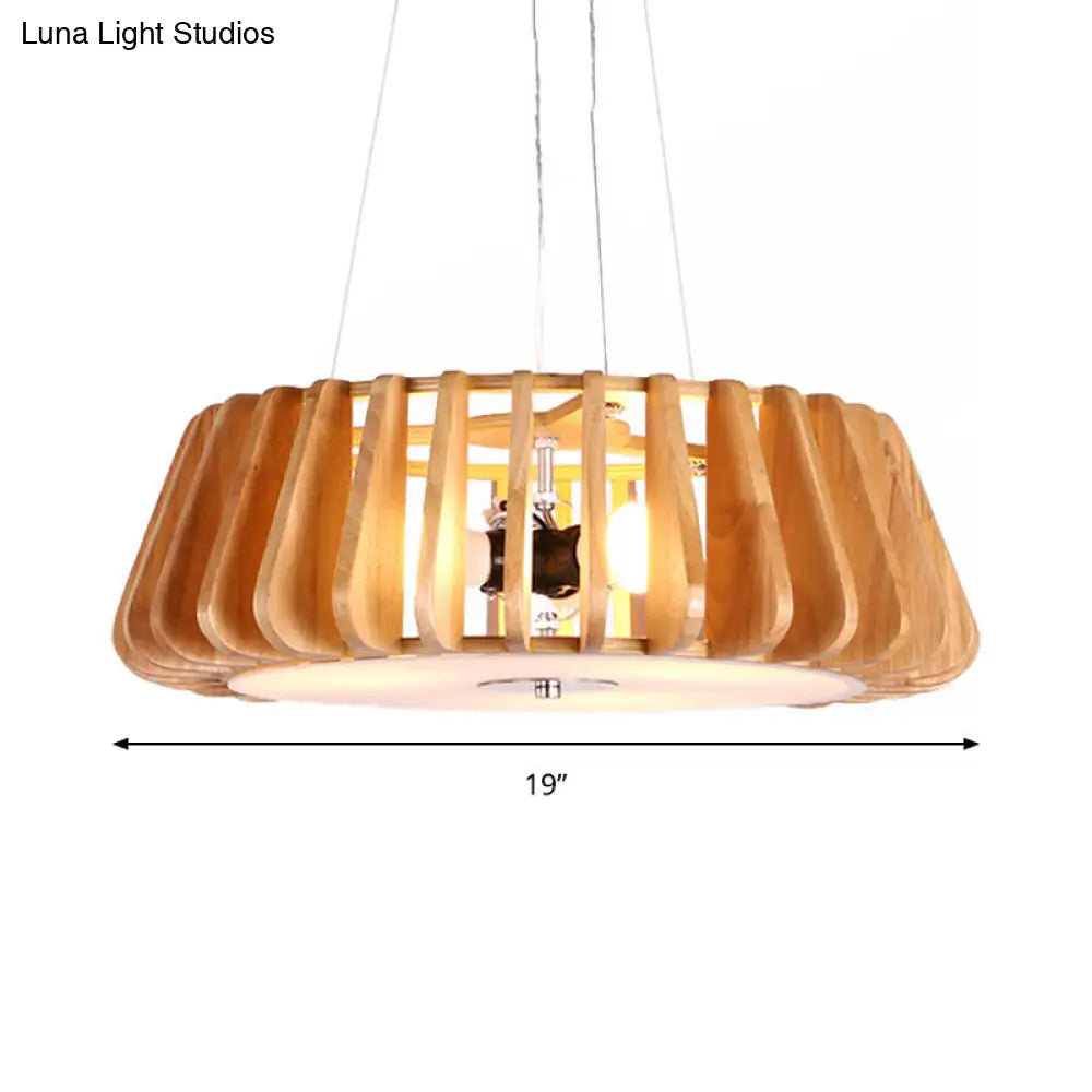 Modern Wooden Drum Chandelier: Triple Light Pendant For Restaurant Ceiling