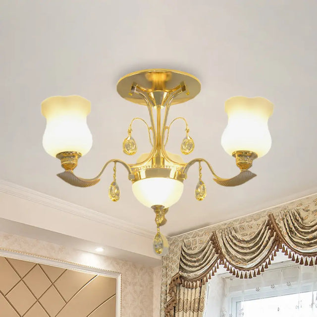 Tulip Flower Semi Flush Gold Ceiling Light For Modern Bedrooms - 3 - Light Milk Glass