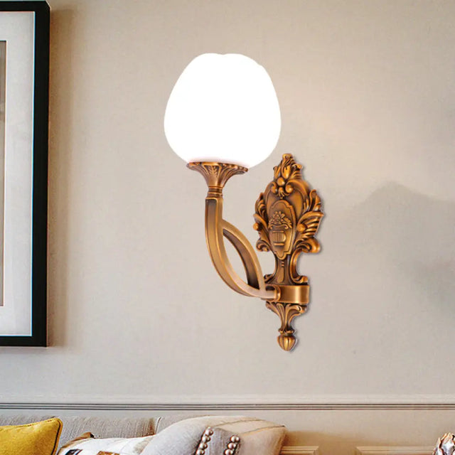 Tulip White Glass Wall Sconce - 1/2-Bulb Living Room Lighting Fixture 1 / Brass