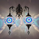 Turkish Hand-Cut Glass Wall Sconce Light Fixture - Dual Bulb Mount Lighting (White/Red/Pink) Blue