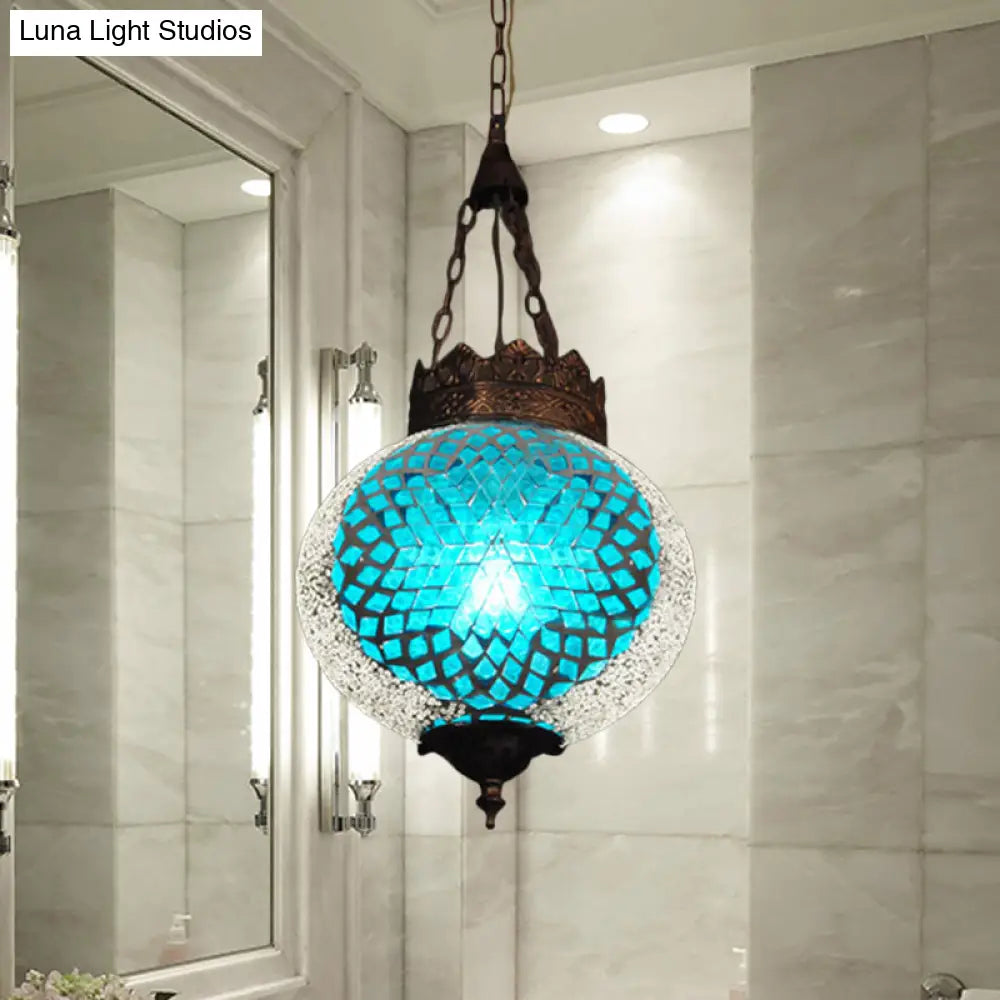 Turkish Handcrafted Art Glass Hanging Pendant Light Fixture - 1 Head Blue/Orange Red