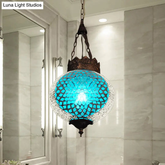 Turkish Handcrafted Art Glass Hanging Pendant Light Fixture - 1 Head Blue/Orange Red