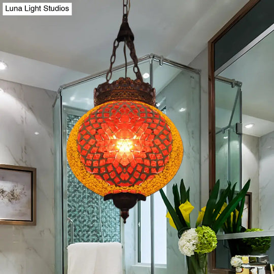 Turkish Handcrafted Art Glass Hanging Pendant Light Fixture - 1 Head Blue/Orange Red
