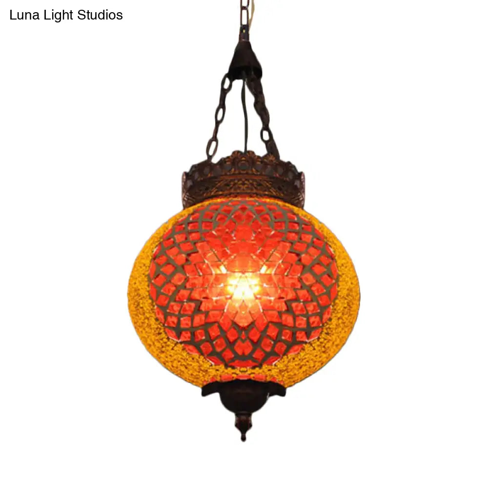 Turkish Handcrafted Art Glass Hanging Pendant Light Fixture - 1 Head Blue/Orange Red