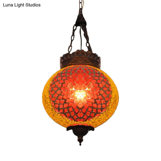 Turkish Handcrafted Art Glass Hanging Pendant Light Fixture - 1 Head Blue/Orange Red