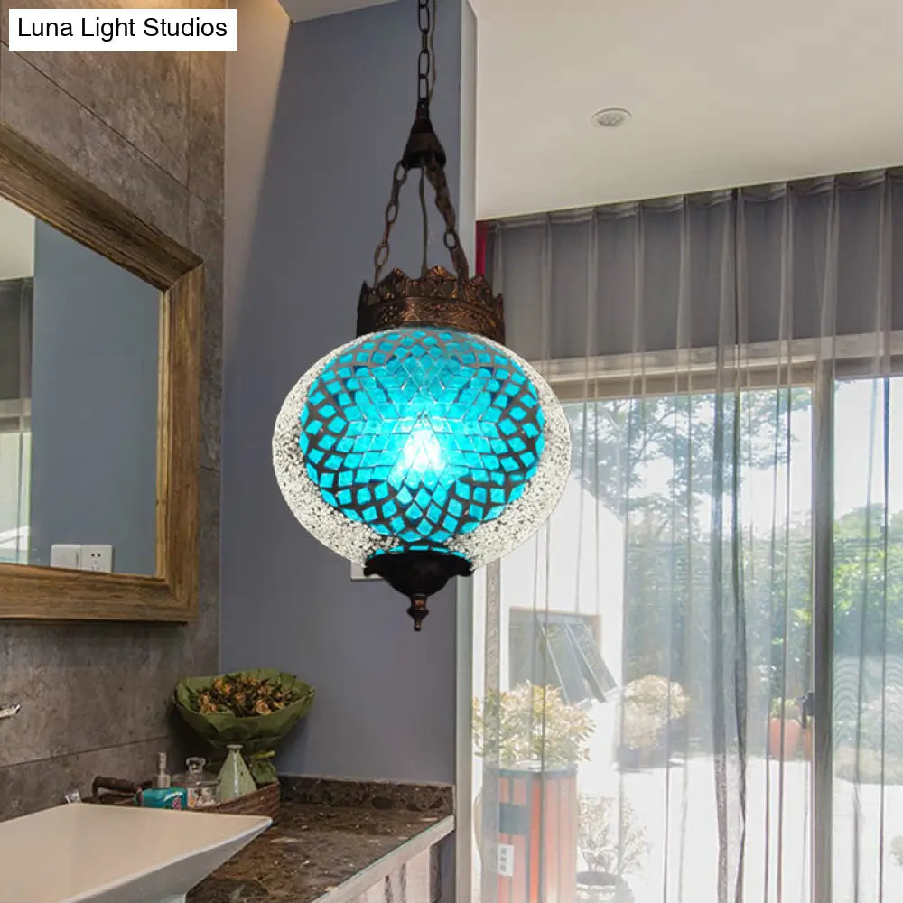 Turkish Handcrafted Art Glass Hanging Pendant Light Fixture - 1 Head Blue/Orange Red