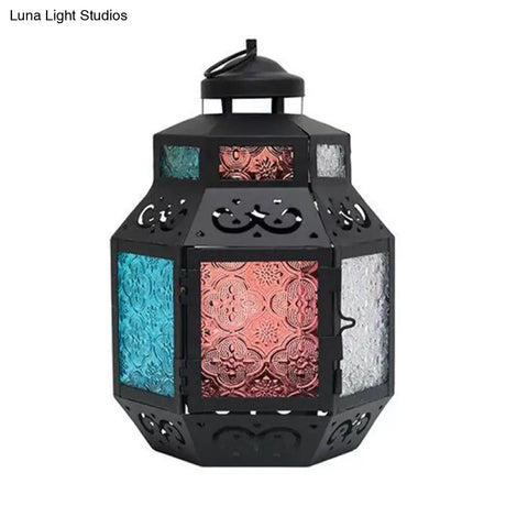 Turkish Style Black Metal Desk Lamp With Colorful Textured Glass Shade