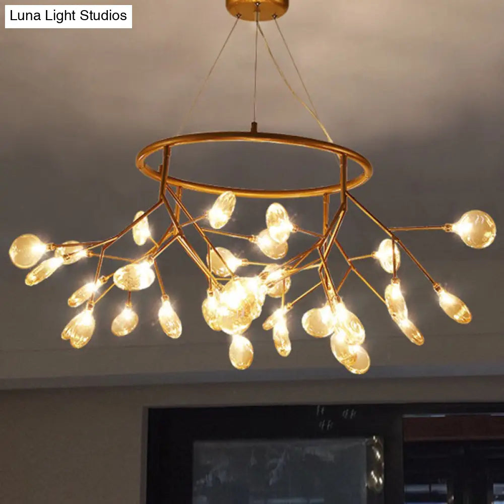 Twig Hanging Ceiling Chandelier With Glass Shade & Metal Ring - Modern Bedroom Light Fixture