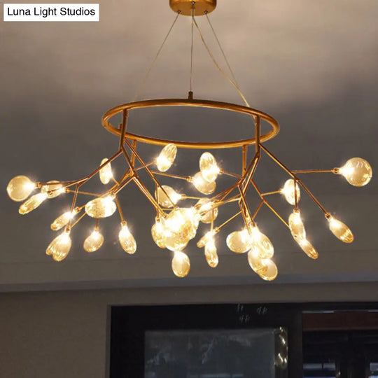 Twig Hanging Ceiling Chandelier With Glass Shade & Metal Ring - Modern Bedroom Light Fixture