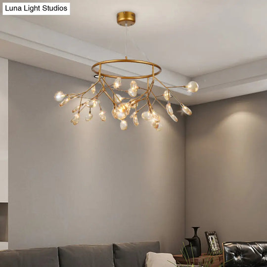 Twig Hanging Ceiling Chandelier With Glass Shade & Metal Ring - Modern Bedroom Light Fixture