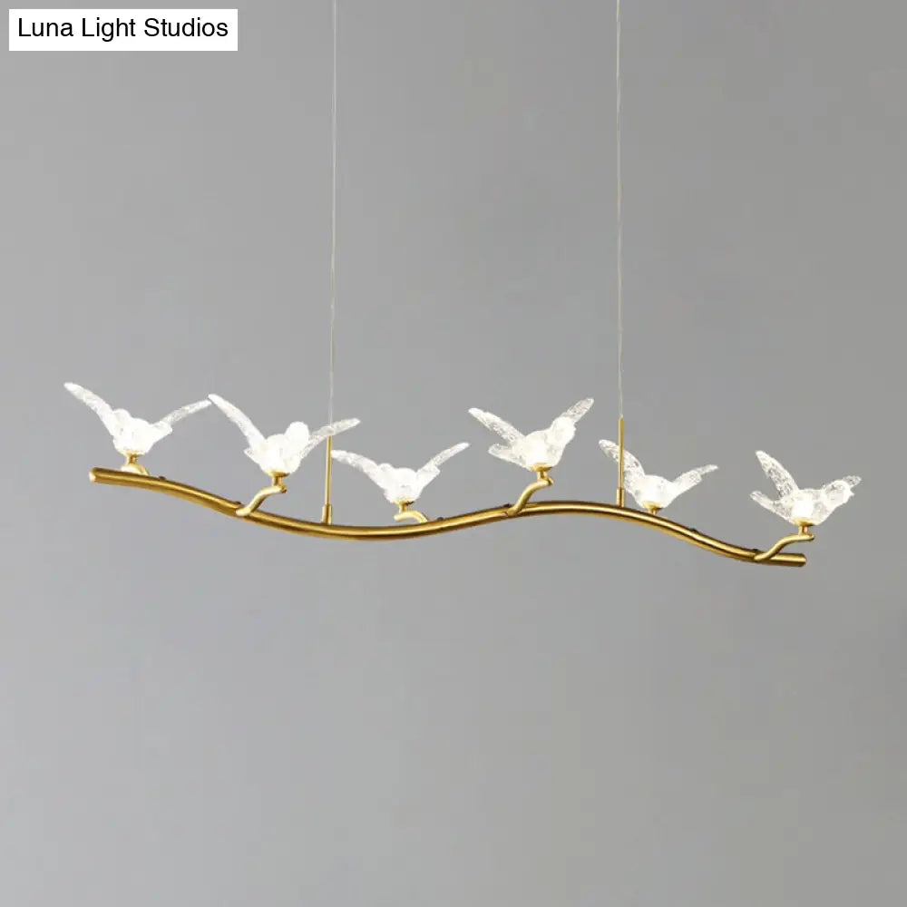 Twig Pendant Lamp With Bird Decor Gold Finish & Led Acrylic Island Light