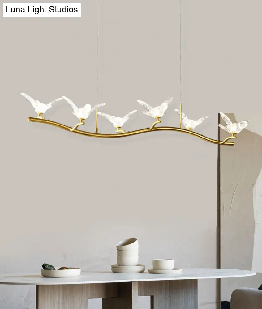 Twig Pendant Lamp With Bird Decor Gold Finish & Led Acrylic Island Light