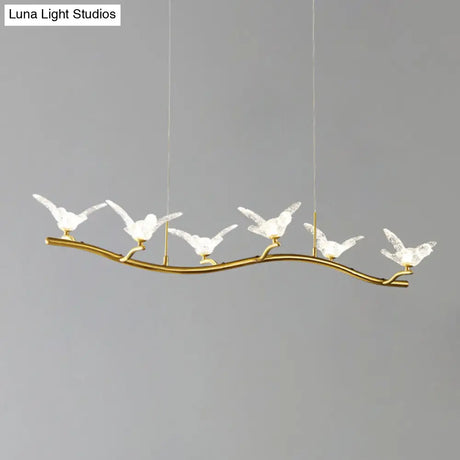 Twig Pendant Lamp With Bird Decor Gold Finish & Led Acrylic Island Light