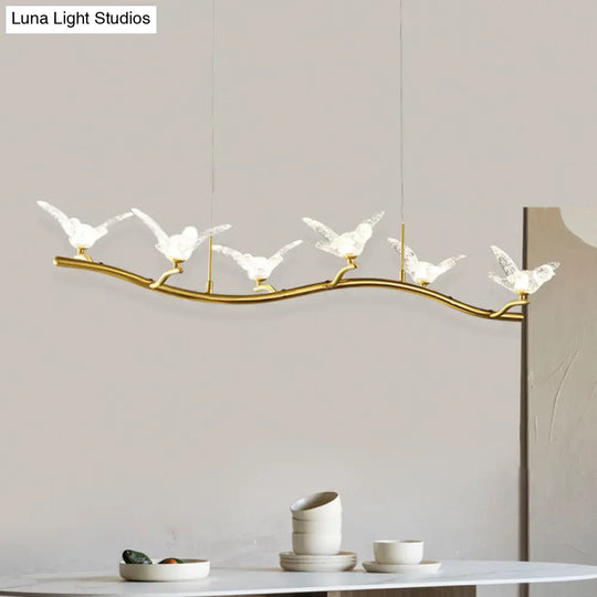 Twig Pendant Lamp With Bird Decor Gold Finish & Led Acrylic Island Light