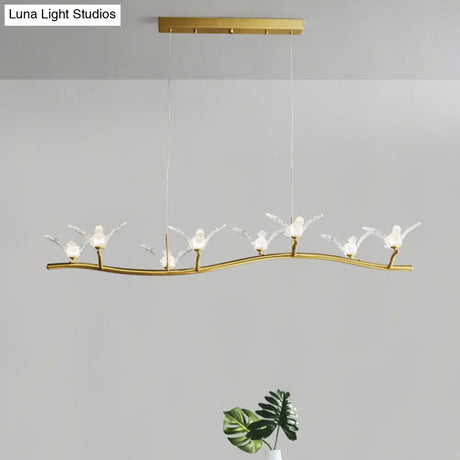 Twig Pendant Lamp With Bird Decor Gold Finish & Led Acrylic Island Light