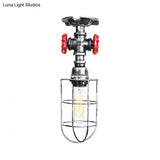 Valve Nautical Style Cage Metal Semi Flush Light - 1 Living Room Ceiling Fixture In Black/Bronze
