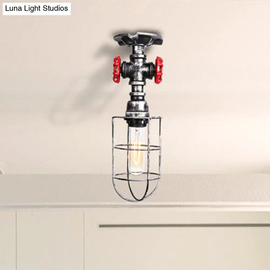 Valve Nautical Style Cage Metal Semi Flush Light - 1 Living Room Ceiling Fixture In Black/Bronze