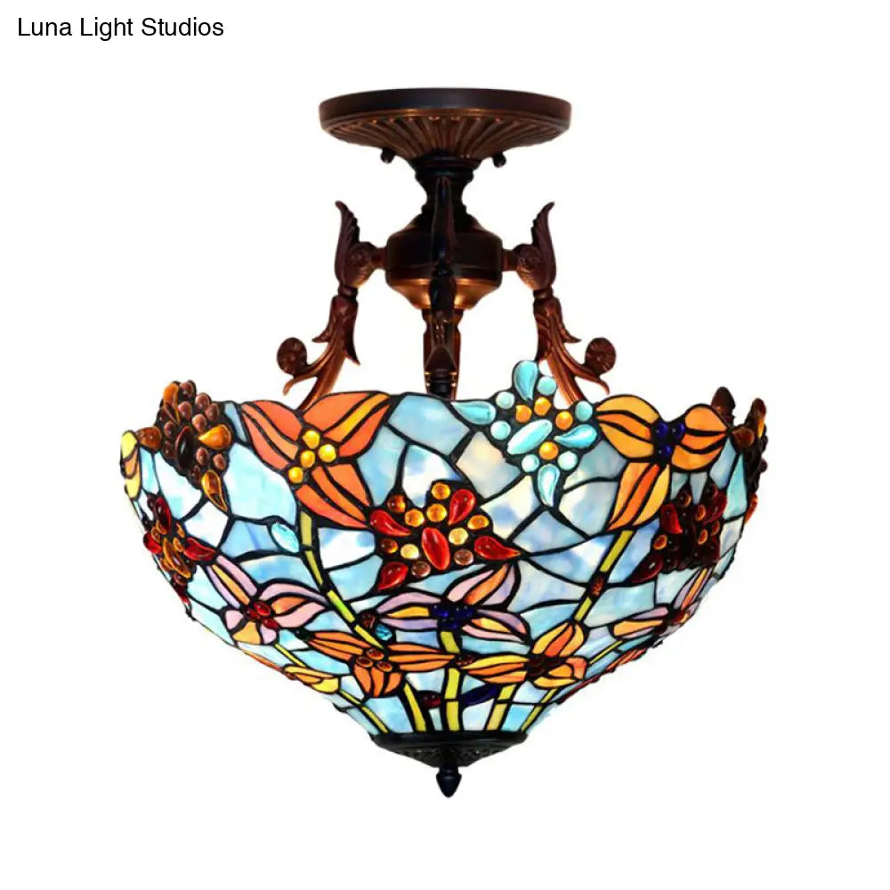 Victorian Blue Stained Glass Ceiling Light Fixture - 3-Light Domed Semi Mount For Kitchen