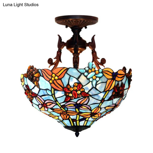Victorian Blue Stained Glass Ceiling Light Fixture - 3-Light Domed Semi Mount For Kitchen