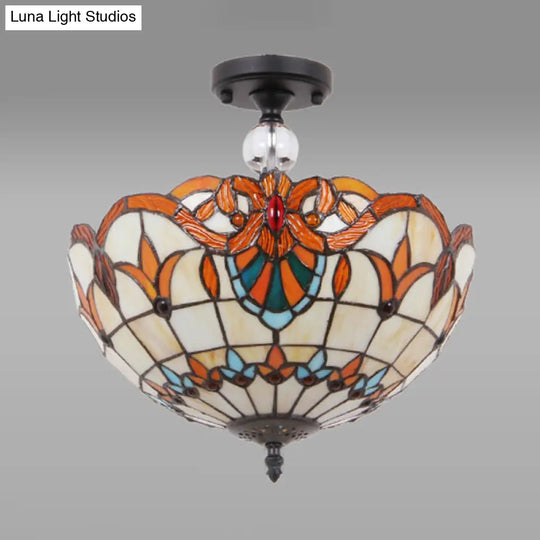 Victorian Bowl Stained Glass Semi Flush Mount Light In Beige - 12/16 Diameter