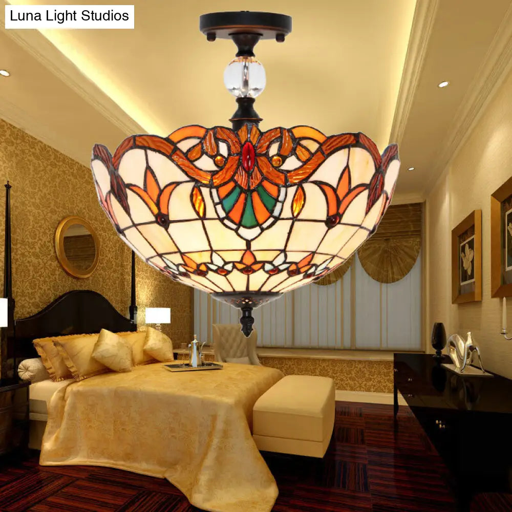 Victorian Bowl Stained Glass Semi Flush Mount Light In Beige - 12/16 Diameter / 12