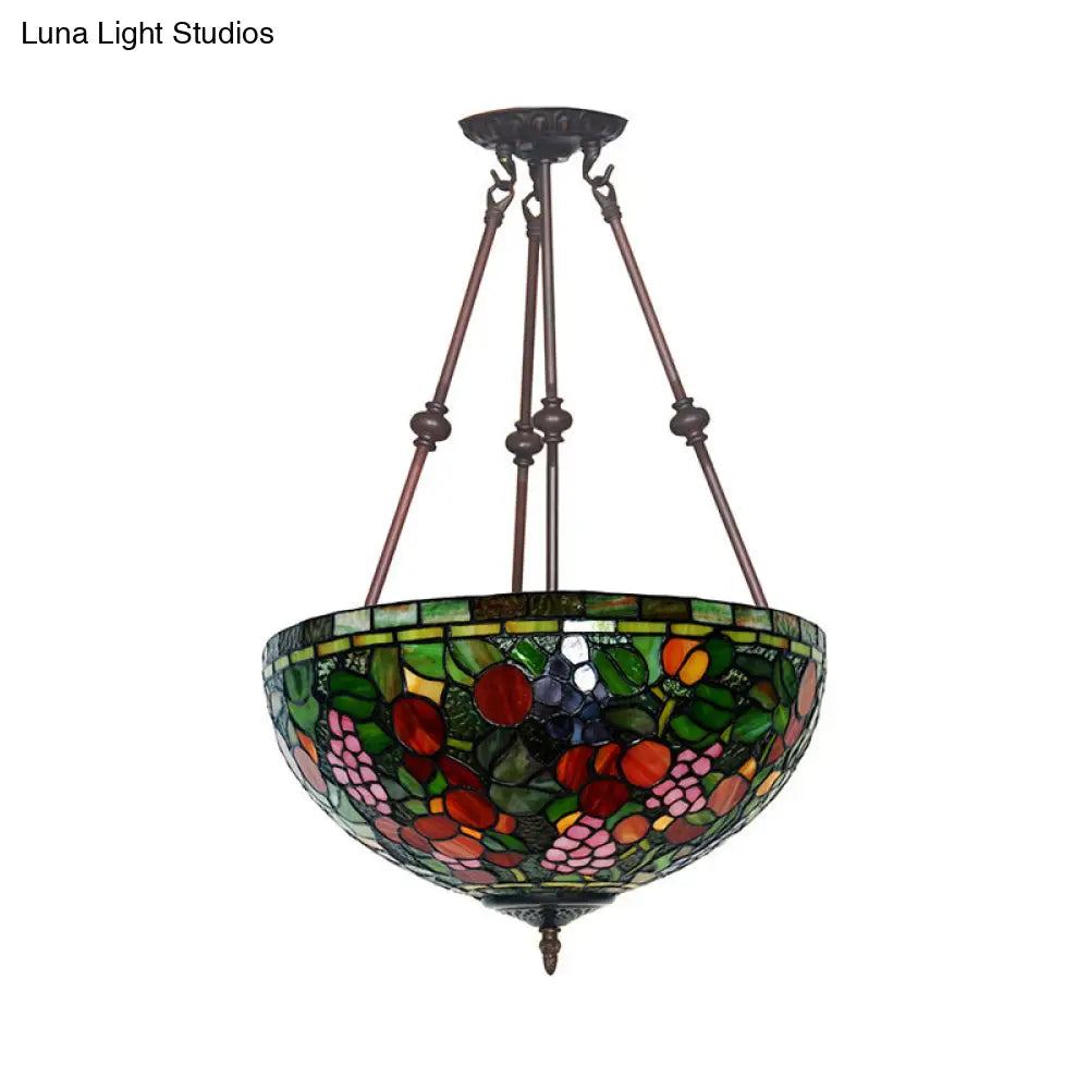 Victorian Bronze Ceiling Light Fixture With Stained Glass Dome Shade - 2-Light Semi Flush For