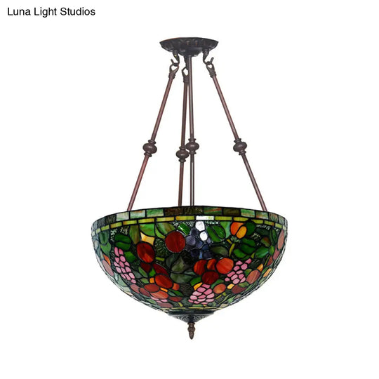 Victorian Bronze Ceiling Light Fixture With Stained Glass Dome Shade - 2-Light Semi Flush For