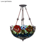 Victorian Bronze Ceiling Light Fixture With Stained Glass Dome Shade - 2-Light Semi Flush For