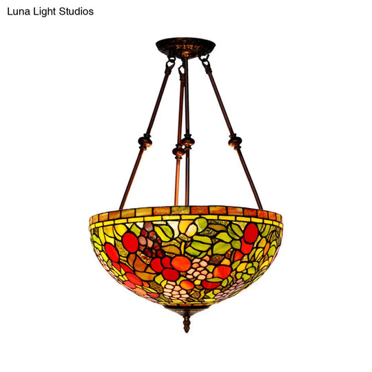 Victorian Bronze Ceiling Light Fixture With Stained Glass Dome Shade - 2-Light Semi Flush For