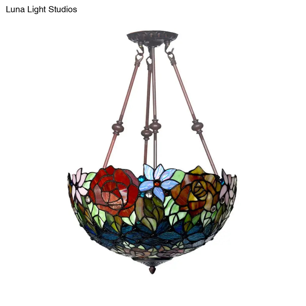 Victorian Bronze Ceiling Light Fixture With Stained Glass Dome Shade - 2-Light Semi Flush For