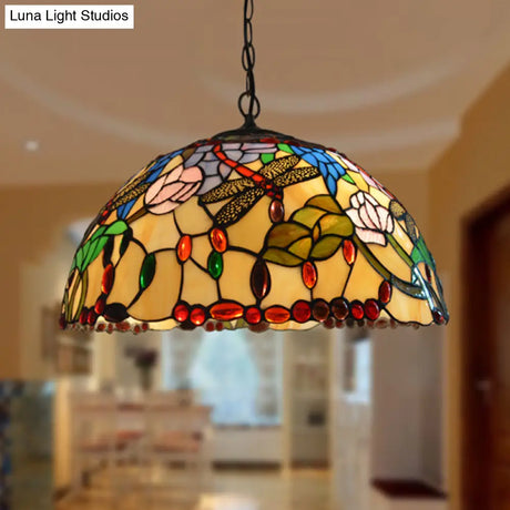 Victorian Bronze Dragonfly Chandelier With Stained Glass Pendant Lights