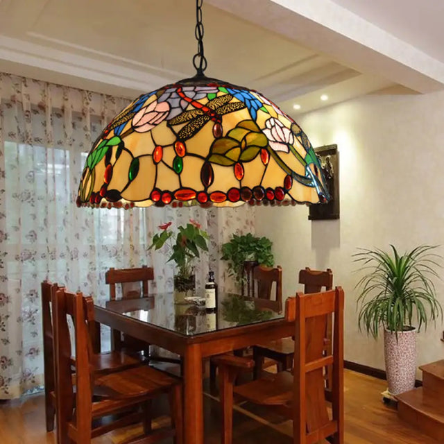Victorian Bronze Dragonfly Chandelier With Stained Glass Pendant Lights Beige