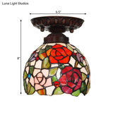 Victorian Ceiling-Mounted Stained Glass Light With Domed Design - 1 Flushmount Red/Pink/Orange
