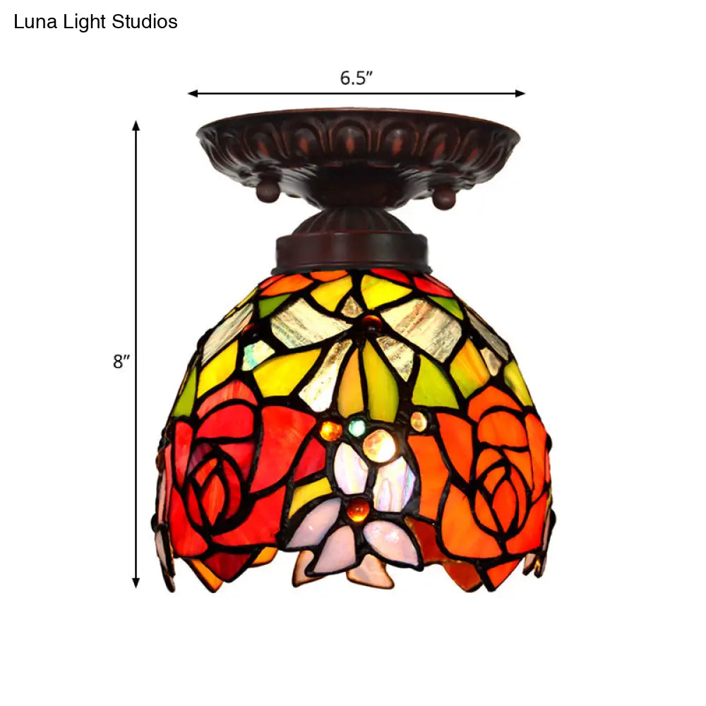 Victorian Ceiling-Mounted Stained Glass Light With Domed Design - 1 Flushmount Red/Pink/Orange