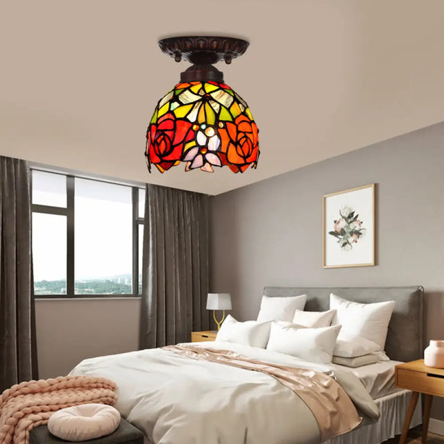 Victorian Ceiling-Mounted Stained Glass Light With Domed Design - 1 Flushmount Red/Pink/Orange