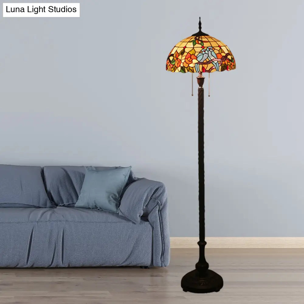 Victorian Copper Standing Lamp With Cut Glass Flower And Bird Design 2 Lights Bowl Shade
