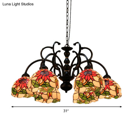 Victorian Cut Glass Floral Chandelier: 6-Head Black Pendant Light For Living Room