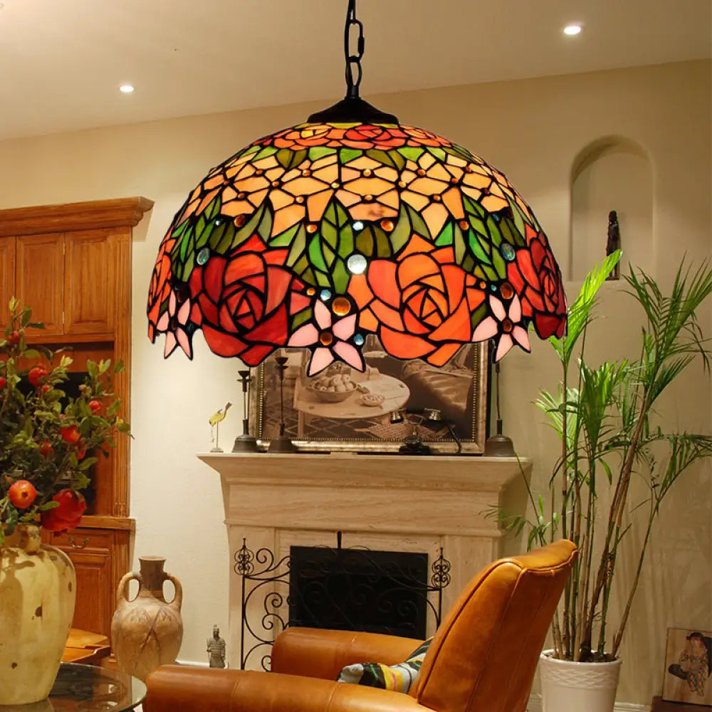 Victorian Dome Pendant Light - 12’/16’ Wide 1 Bulb Black Stained Glass Fixture / 16’
