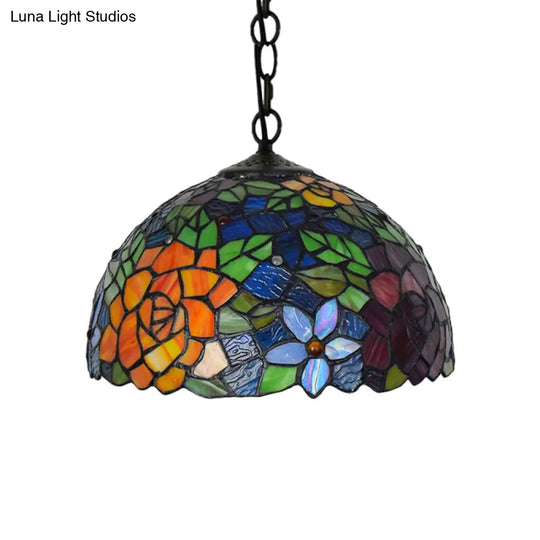 Victorian Stained Glass Dome Pendant Light Fixture - 1 Bulb Black 12/16 Width
