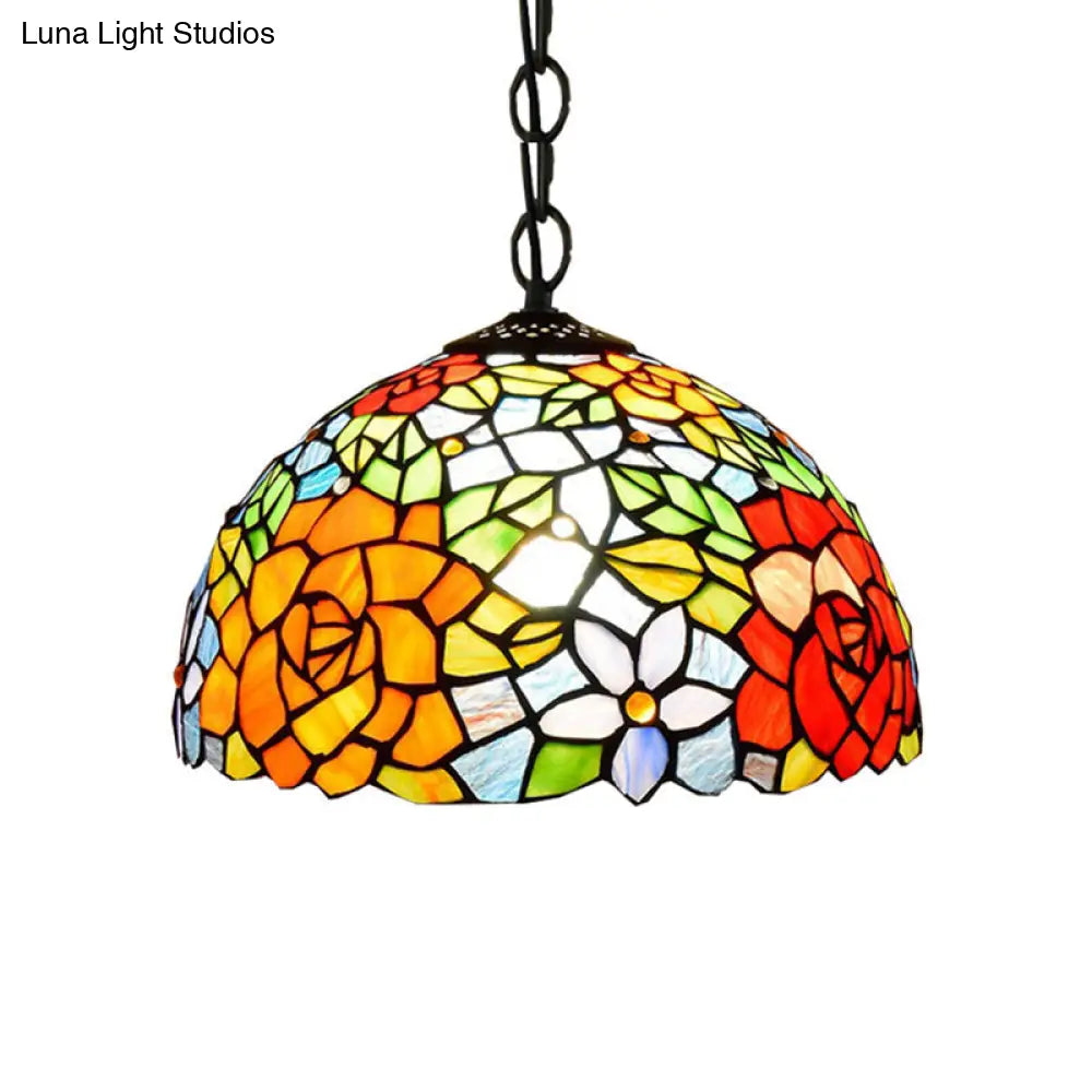 Victorian Stained Glass Dome Pendant Light Fixture - 1 Bulb Black 12/16 Width