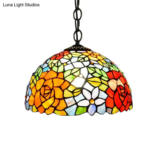 Victorian Stained Glass Dome Pendant Light Fixture - 1 Bulb Black 12/16 Width