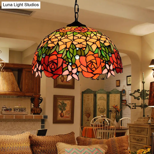 Victorian Stained Glass Dome Pendant Light Fixture - 1 Bulb Black 12/16 Width