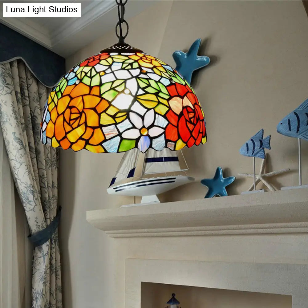 Victorian Stained Glass Dome Pendant Light Fixture - 1 Bulb Black 12/16 Width / 12