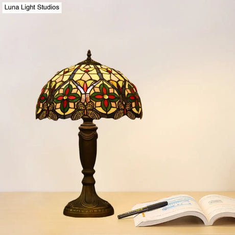 Victorian Domed Cut Glass Night Table Light - Beige/Orange Floral Desk Lamp