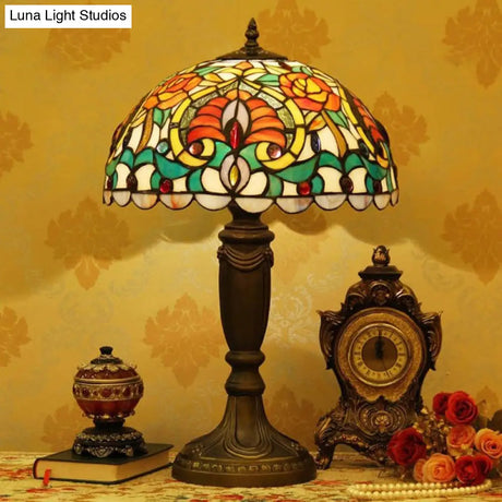 Victorian Domed Cut Glass Night Table Light - Beige/Orange Floral Desk Lamp