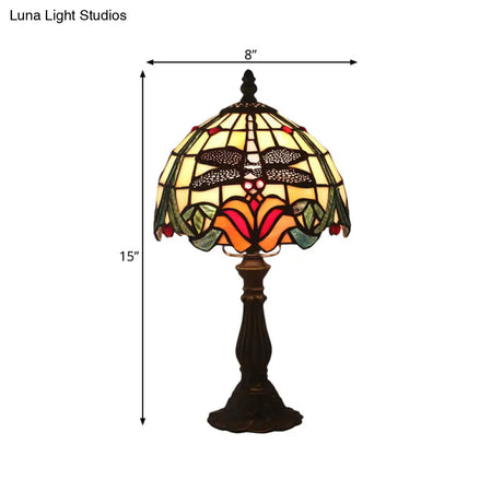 Victorian Dragonfly And Floral Patterned Table Lamp - Stained Glass Red/Orange Dome Shade With