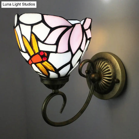 Victorian Dragonfly Stained Glass Wall Sconce With Brass Fixture