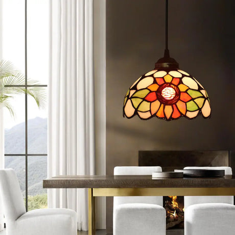 Victorian Floral Ceiling Pendant Light Fixture For Dining Room - Beige/Red/Pink Cut Glass Hanging
