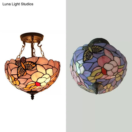 Victorian Floral Semi Flush Led Ceiling Light With Stained Glass Shade - 12’ W